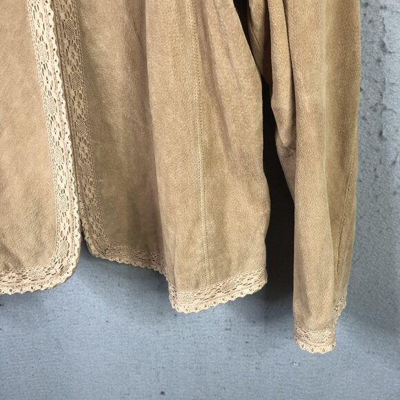 Coldwater Creek Jacket Womens 3X Tan Suede Leather Open Front Lace Trim Boho - Picture 11 of 15